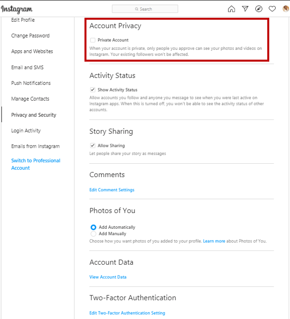 Private Account toggle